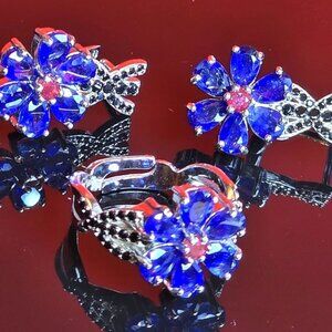 925 Sterling Silver Jewelry Set ( Earrings/ Ring 7.5) with Sapphire & Ruby Gems